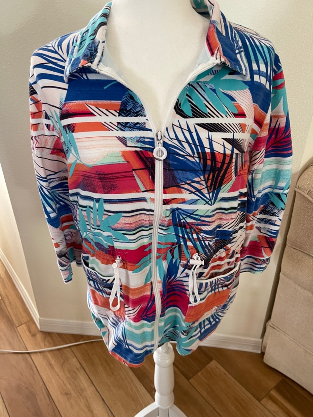 Tropical Stripe Zip-Up Jacket in Aqua, Coral & Navy